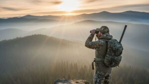 A hunter wearing a Hi-nect high-performance waterproof hunting jacket observes with binoculars from a mountain top at dawn, with a vast misty forest in the background.